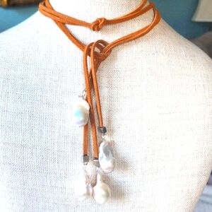Genuine Large Baroque pearl lariat leather necklace. New 36" Totally adjustable
